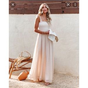 VICI HAZELLE SMOCKED SWISS DOT MAXI DRESS - Cream